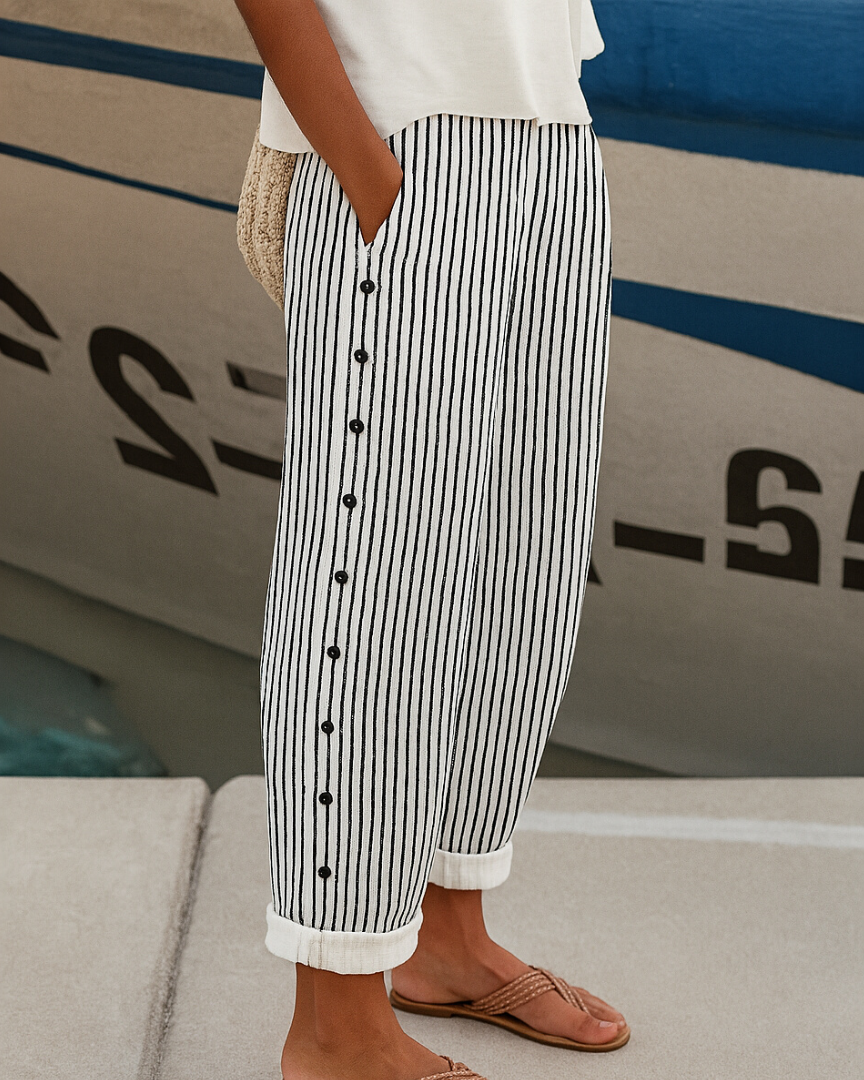 CORAL™ | PANTALONES DE RAYAS CON BOTONES LATERALES