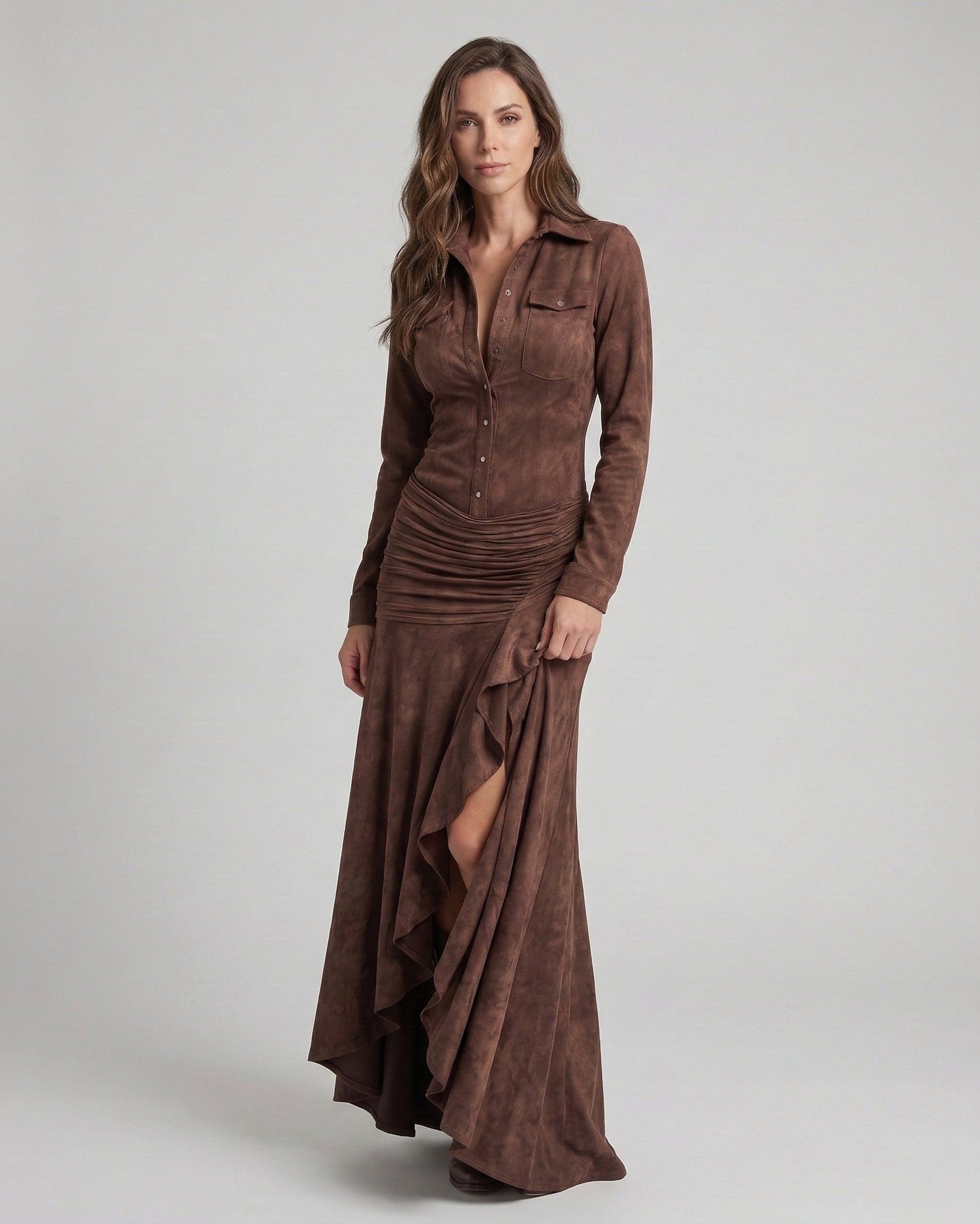 SERAFINA™ | VESTIDO LARGO CON SOLAPA Y VOLANTES