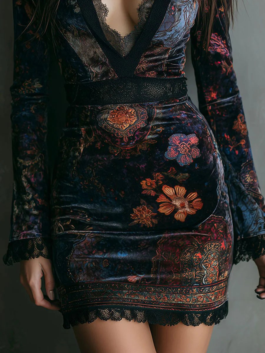 KEYLA™ | VESTIDO CORTO TERCIOPELO CON ESTAMPADO FLORAL