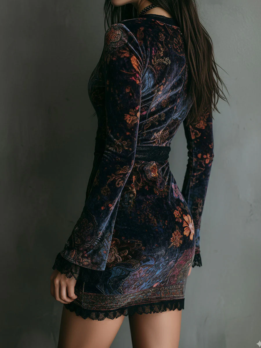KEYLA™ | VESTIDO CORTO TERCIOPELO CON ESTAMPADO FLORAL