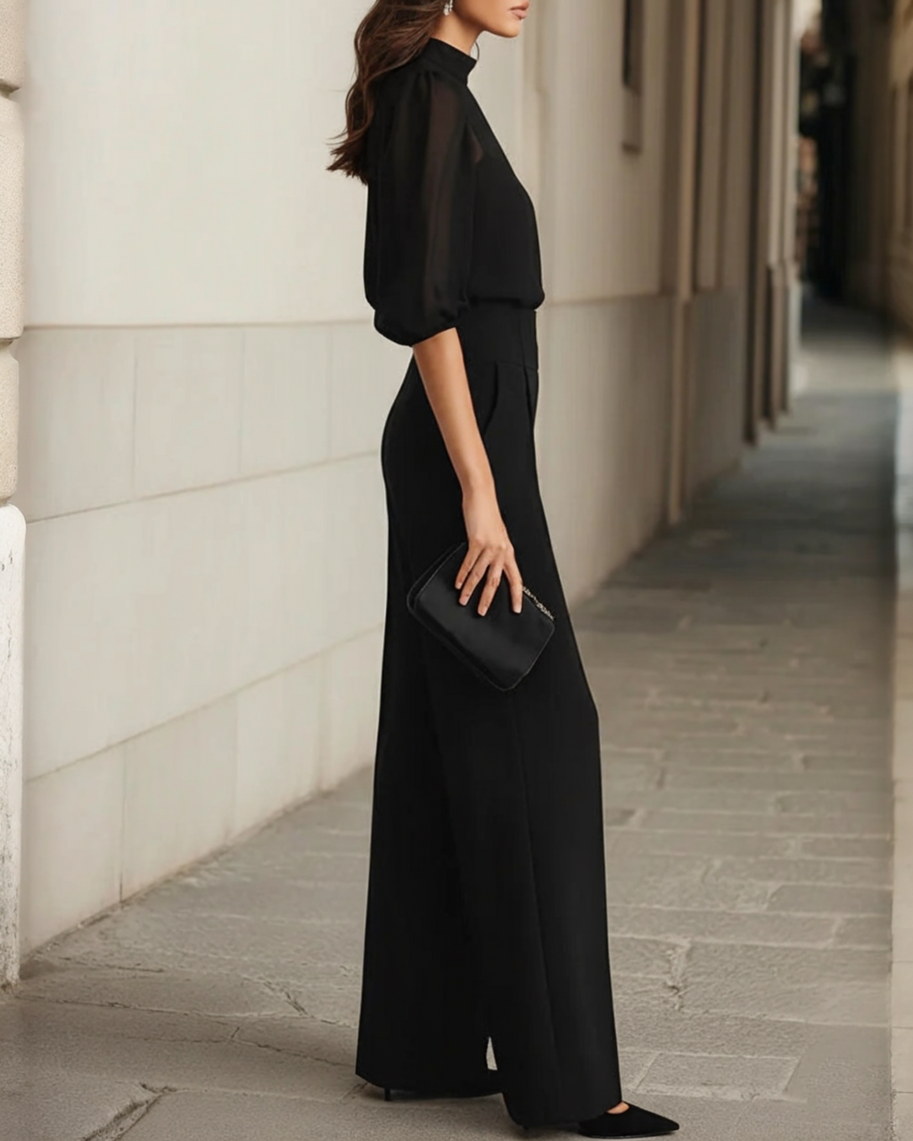 ANA™ | CONJUNTO NEGRO DE 3 PIEZAS CON BLUSA TRANSPARENTE Y PANTALÓN DE PIERNA AMPLIA