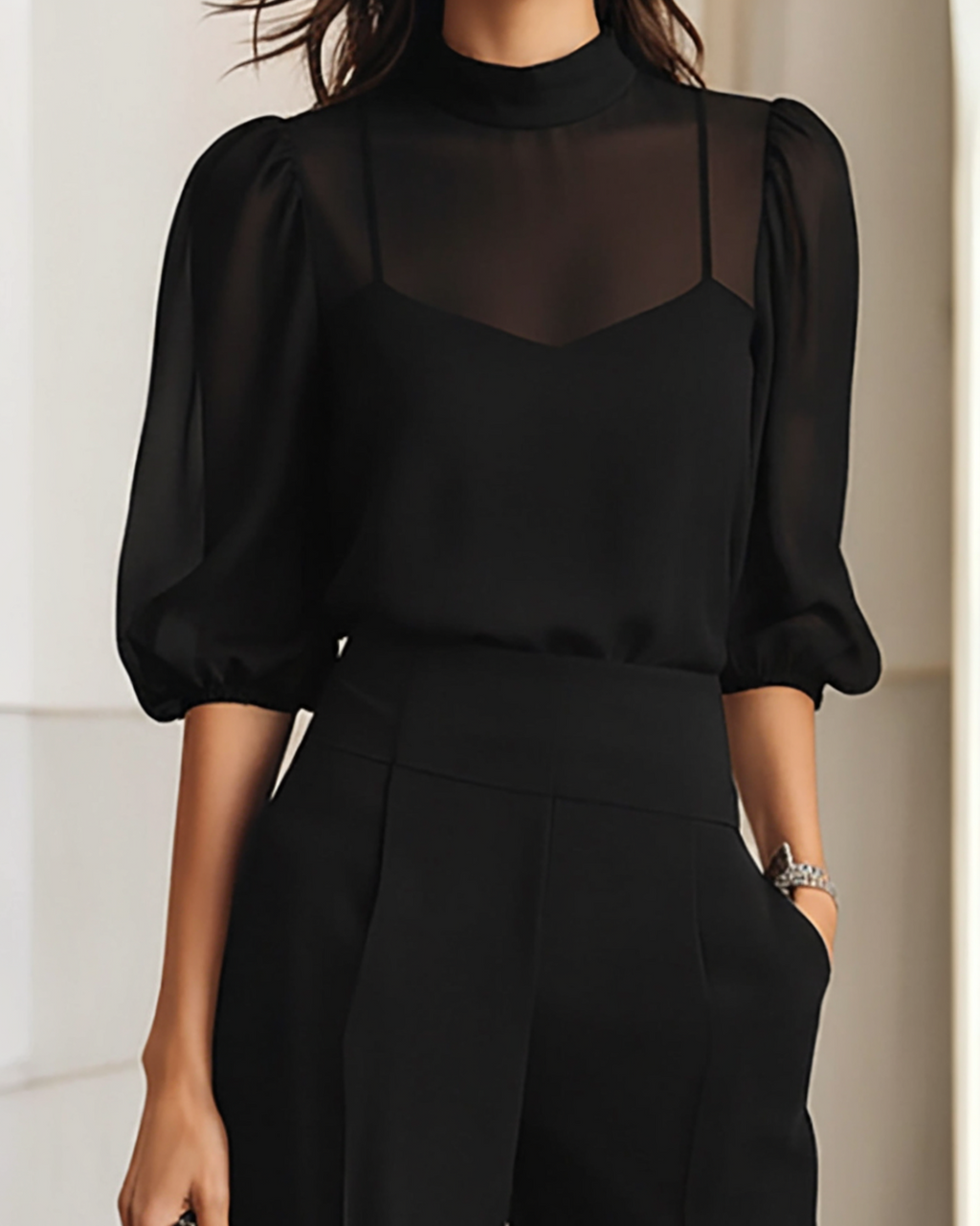 ANA™ | CONJUNTO NEGRO DE 3 PIEZAS CON BLUSA TRANSPARENTE Y PANTALÓN DE PIERNA AMPLIA
